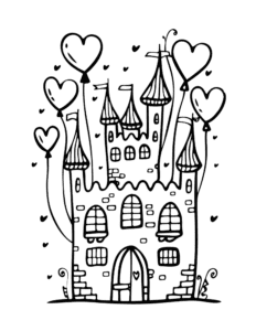 A magical castle with heart-shaped balloons floating around it. Tiny hearts fill the air. Perfect for Valentine’s Day coloring pages and kids who love castles and fun designs to color!