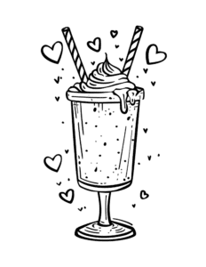 A tall milkshake with whipped cream, sprinkles, and two straws. Hearts float all around. Perfect for Valentine’s Day coloring pages and kids who love sweet and fun pictures to color!