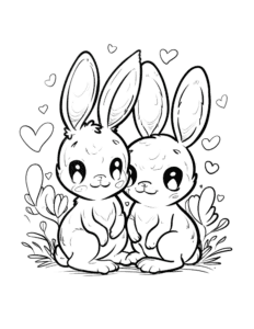 Two cute bunnies sitting together with hearts and plants around them. A sweet and fun picture to color, perfect for kids who love animals and happy designs!