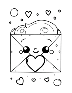 A smiling envelope with a heart seal and a cute letter inside. Hearts, bubbles, and sparkles float around. A fun and sweet picture for kids to color and enjoy!