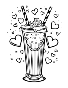 A tall milkshake with whipped cream, sprinkles, and two striped straws. Hearts float all around, making it a fun and sweet picture for kids to color and enjoy!