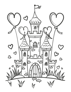 A cute castle with heart-shaped balloons floating around and grass at the bottom. Tiny hearts fill the sky. A fun and magical picture for kids to color and enjoy!