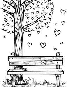 A peaceful bench under a big tree with heart-shaped leaves falling around. Grass grows below, and hearts float in the air. A relaxing and sweet picture for kids to color and enjoy!