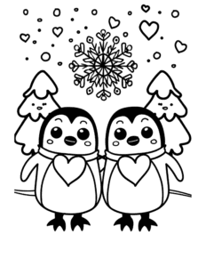 Two cute penguins with heart scarves stand in the snow with trees and a snowflake behind them. Hearts float in the air. Perfect for winter fun and printable coloring pages kids will love!