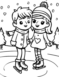 A boy and girl ice skating together, holding hands, with snow, trees, and hearts around them. A cute winter scene perfect for kids who love fun printable coloring pages to enjoy!