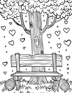 A cozy bench under a big tree with heart-shaped leaves falling all around. Grass grows at the bottom. This peaceful scene is perfect for kids who love nature and fun printable coloring pages!