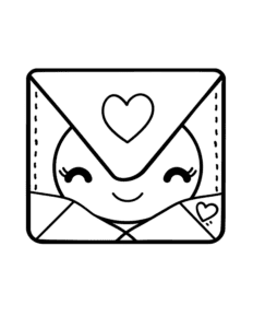 A happy envelope with a heart on it and a sweet face peeking out. A simple and cute picture for kids to color, perfect for sharing love and smiles!