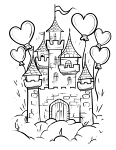 A beautiful castle with heart-shaped balloons floating around it. Surrounded by clouds, it looks magical and fun to color. Perfect for kids who love castles and fairy tale adventures!