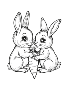 Two cute bunnies holding a big carrot together. They look happy and playful. A sweet and simple coloring page perfect for kids who love animals and fun pictures!