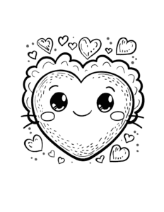 A smiling heart with a fluffy edge surrounded by smaller hearts and dots. A simple and adorable coloring page perfect for kids who love cute and happy designs!