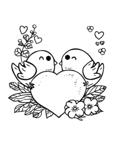 Two happy birds hold a big heart with flowers and leaves around them