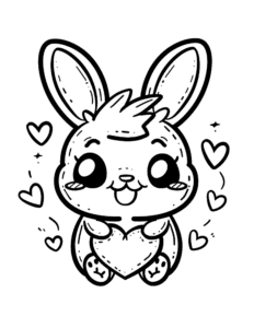 A cute bunny holding a heart with a big smile. Hearts float all around, making it a sweet and fun coloring page