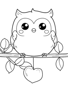 A cute owl sitting on a branch with leaves around it. A heart hangs below the branch. This is a sweet and simple picture for kids to color and enjoy!