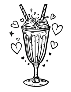 A tall milkshake glass with whipped cream, two straws, and splashes of sweetness. Hearts float around, making it a fun and yummy coloring page for everyone who loves treats and cute designs!