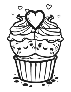 Two cute cupcakes with happy faces, topped with swirls of frosting and a big heart between them. Little hearts float around, making this a sweet and fun coloring page for everyone who loves desserts!