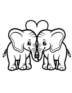 Two cute elephants standing close with their trunks touching to make a heart shape above them. A sweet and fun coloring page for everyone who loves animals and adorable designs!