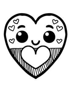 A smiling heart with big, happy eyes and smaller hearts decorating it. This cute and simple coloring page is perfect for everyone who loves sweet and fun designs!