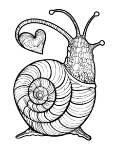 A detailed snail with a swirly shell and a heart on its antenna. The design has lots of patterns, making it fun and creative for coloring. Perfect for anyone who enjoys unique and cute designs!