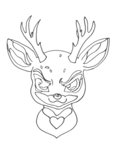 An adorable but angry deer for valentine's. Col,oring page and video how to draw