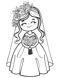 A happy bride wearing a beautiful dress with a flower crown and holding a bouquet of roses. This sweet and simple coloring page is perfect for anyone who loves weddings and pretty designs!