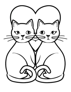 Two cats sitting close together with their tails curled into a heart shape. A big heart is behind them, making this a sweet and simple coloring page for anyone who loves cats and cute designs!