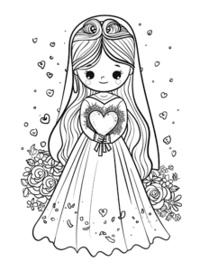 A lovely girl in a long dress holding a heart-shaped bouquet. Flowers and hearts surround her, making this a sweet and pretty coloring page for anyone who loves magical and cute designs!