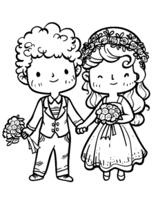 A happy couple holding hands, dressed for a wedding. The bride has a flower crown and bouquet, and the groom holds flowers too. This coloring page is perfect for anyone who loves weddings and sweet designs!