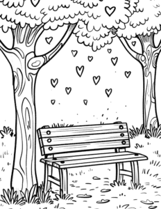 A peaceful park scene with a wooden bench under tall trees. Heart-shaped leaves fall gently to the ground. This relaxing coloring page is perfect for anyone who loves nature and calm designs!