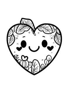 A smiling heart filled with leaves, flowers, and cute details. Small hearts and sparkles decorate it, making this a cheerful and fun coloring page for anyone who loves nature and happy designs!