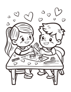 Two happy kids sit at a table making crafts together. Hearts float around them, and art supplies like pencils and glue are on the table. A fun coloring page for anyone who loves creativity and friendship!