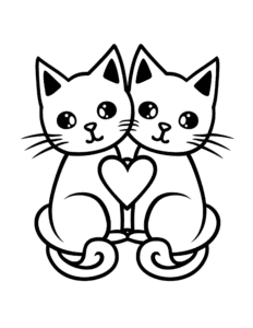 Two cute cats sitting close together, holding a heart between their paws.