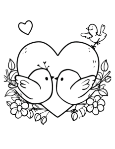 Two sweet birds sitting in front of a big heart, surrounded by flowers and leaves. A little bird sits on top, and a small heart floats nearby. A cute and peaceful coloring page for nature lovers!