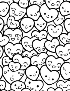 A fun page full of cute hearts with happy faces. Each heart has a unique expression, making it exciting to color. Perfect for adding your favorite colors to spread joy and love!