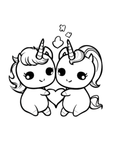 Two cute unicorns holding a heart together, with little hearts floating above them