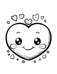 A big smiling heart surrounded by tiny happy hearts and sparkling stars. This coloring page is perfect for adding bright and cheerful colors to bring it to life!