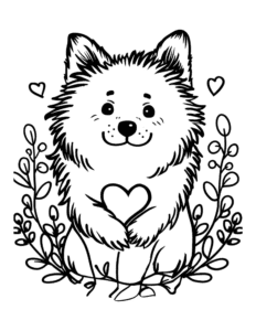 A fluffy dog holding a heart, surrounded by cute leaves and little hearts.