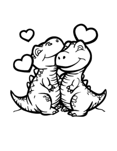 Two happy dinosaurs cuddling with hearts floating around them. This coloring page is perfect for kids who