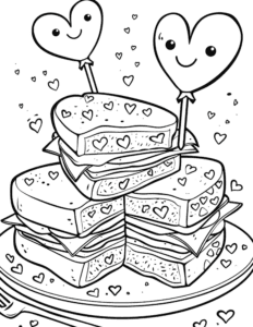 A stack of heart-shaped sandwiches with smiling heart toppers on a plate. Tiny hearts are everywhere, making it a fun and cheerful picture to color for kids who love cute and tasty designs!