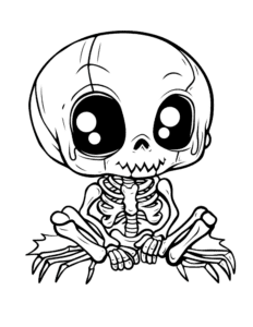 creepy but cute coloring page with an adorable skeleton