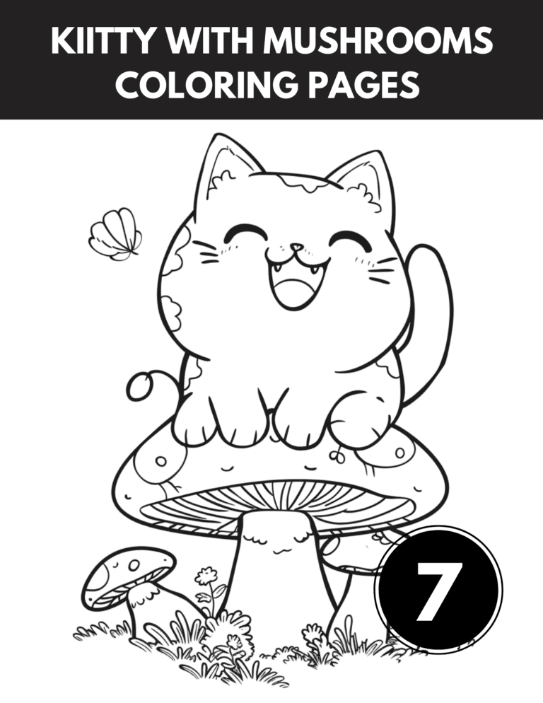 Adorable Kitty and Mushroom Coloring Pages