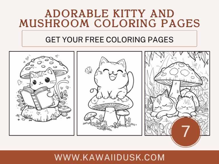 Adorable Kitty and Mushrooms Coloring Pages