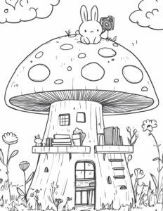 Aesthetic Coloring Pages (Free PDF Printables) with cozy houses and an adorable animals