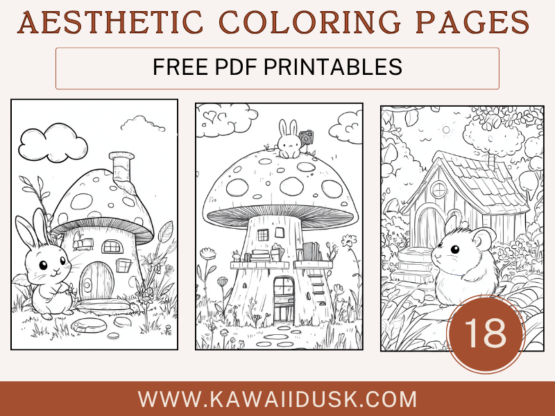 18 Aesthetic Coloring Pages - Cozy Coloring Pages with cute animals and an adorable houses
